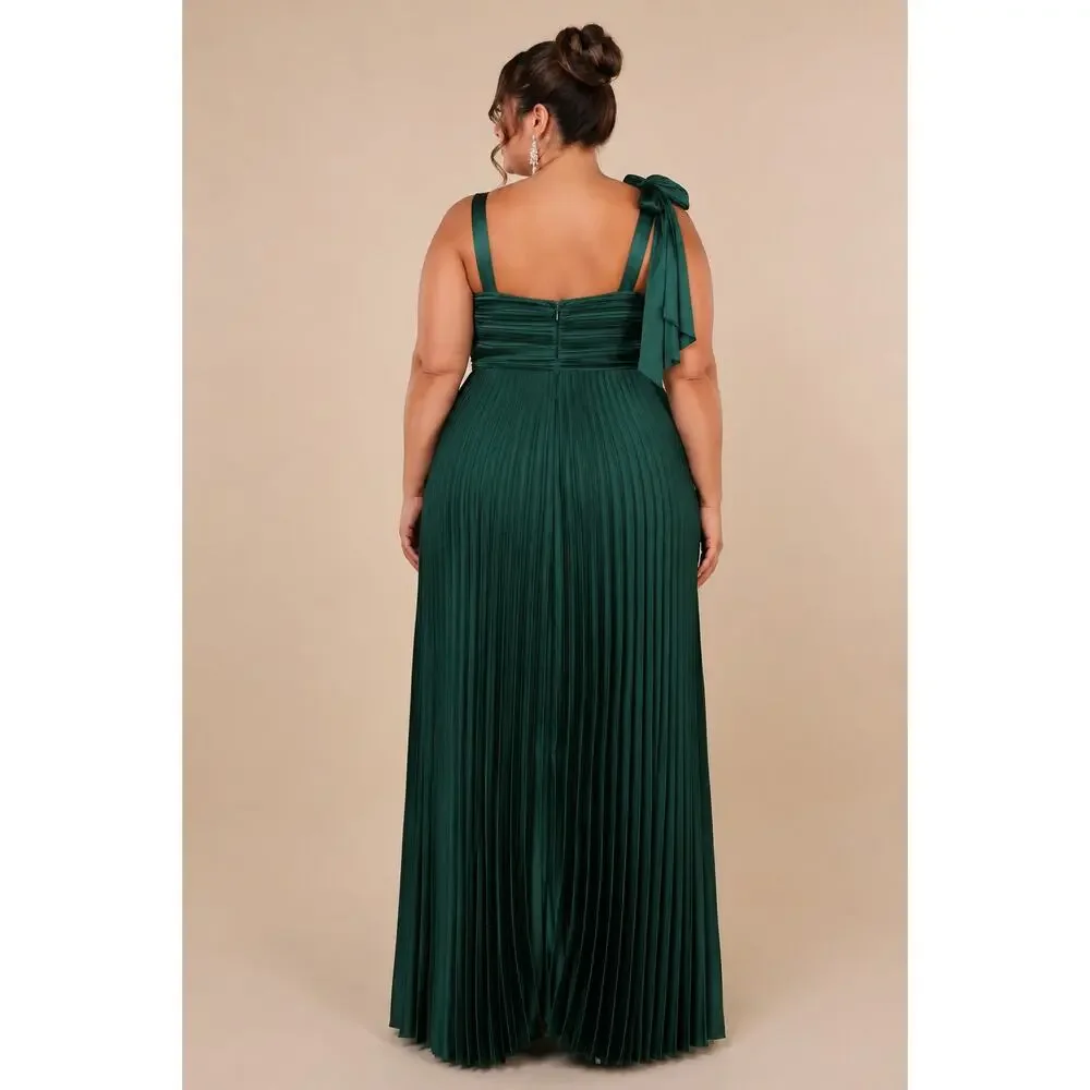NEW Lulus Emerald Green Gorgeous Purpose Satin Pleated Sleeveless Bow Maxi Dress - Picture 4 of 16